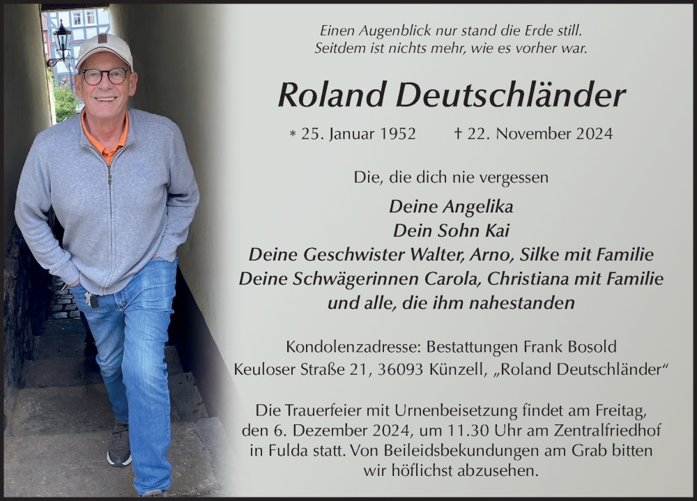  Traueranzeige für Roland Deutschländer vom 30.11.2024 aus FZ