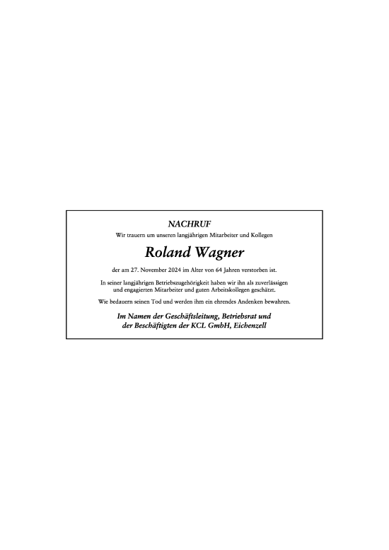 Traueranzeige von Roland Wagner von FZ
