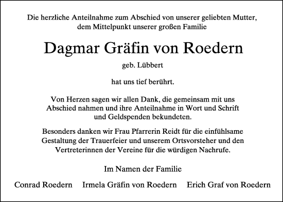 Traueranzeige von Dagmar Gräfin von Roedern von FZ