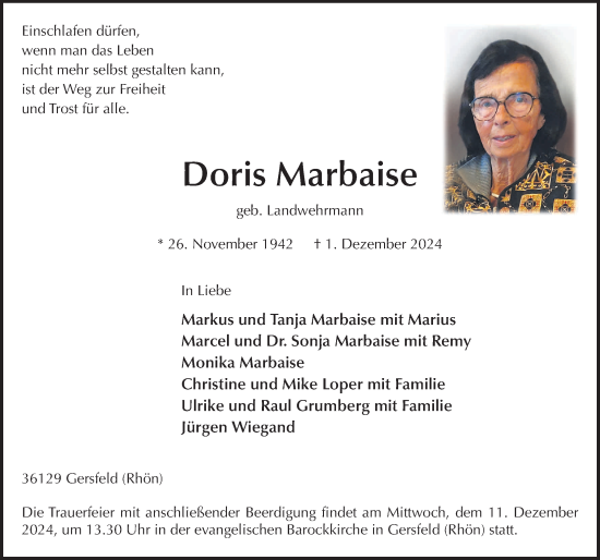 Traueranzeige von Doris Marbaise von FZ