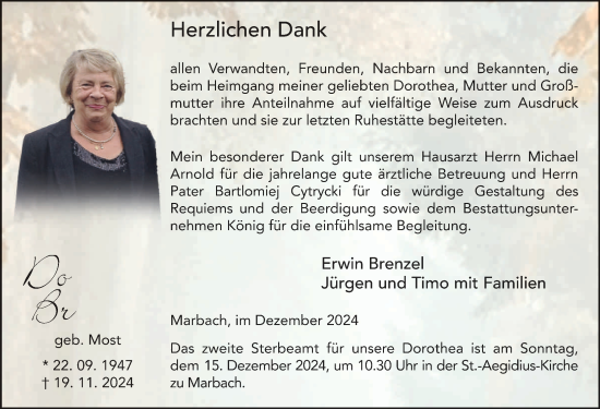 Traueranzeige von Dorothea Brenzel von FZ
