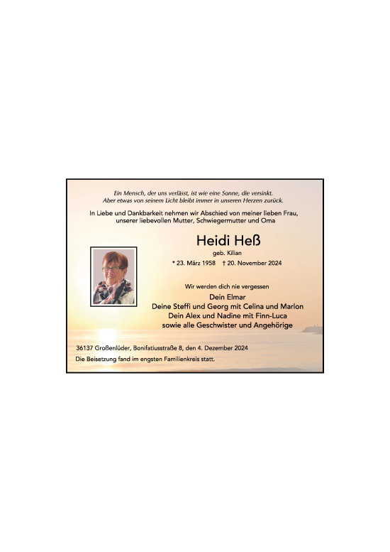 Traueranzeige von Heidi Heß von FZ