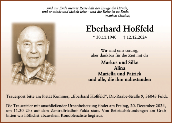 Traueranzeige von Eberhard Hoßfeld von FZ