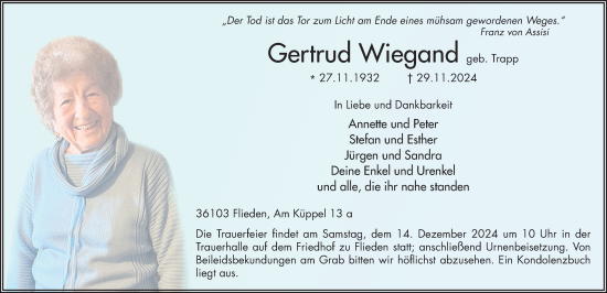 Traueranzeige von Gertud Wiegand von FZ