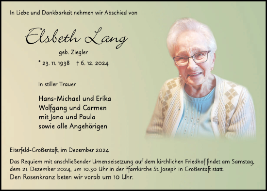 Traueranzeige von Elbeth Lang von FZ