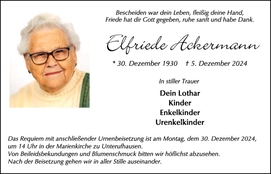 Traueranzeige von Elfriede Ackermann von FZ