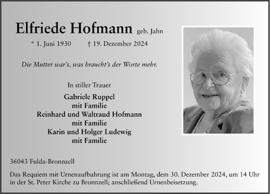 Traueranzeige von Elfriede Hofmann von FZ