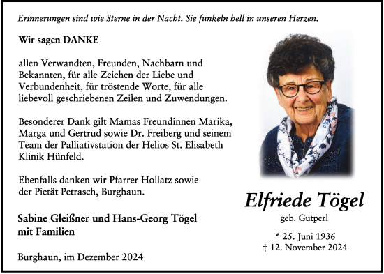 Traueranzeige von Elfriede Tögel von FZ