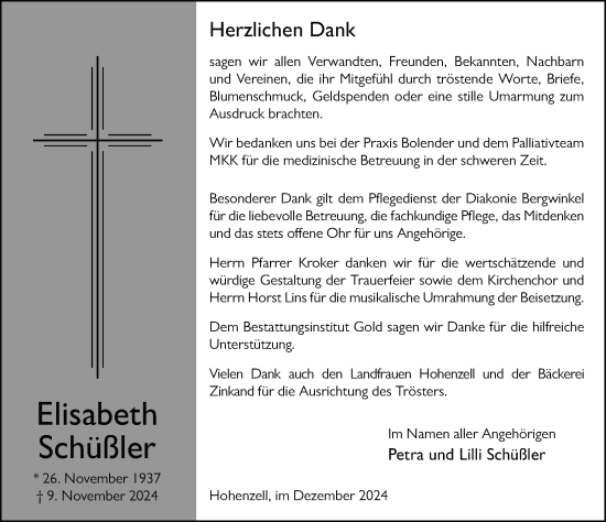 Traueranzeige von Elisabeth Schüßler von FZ