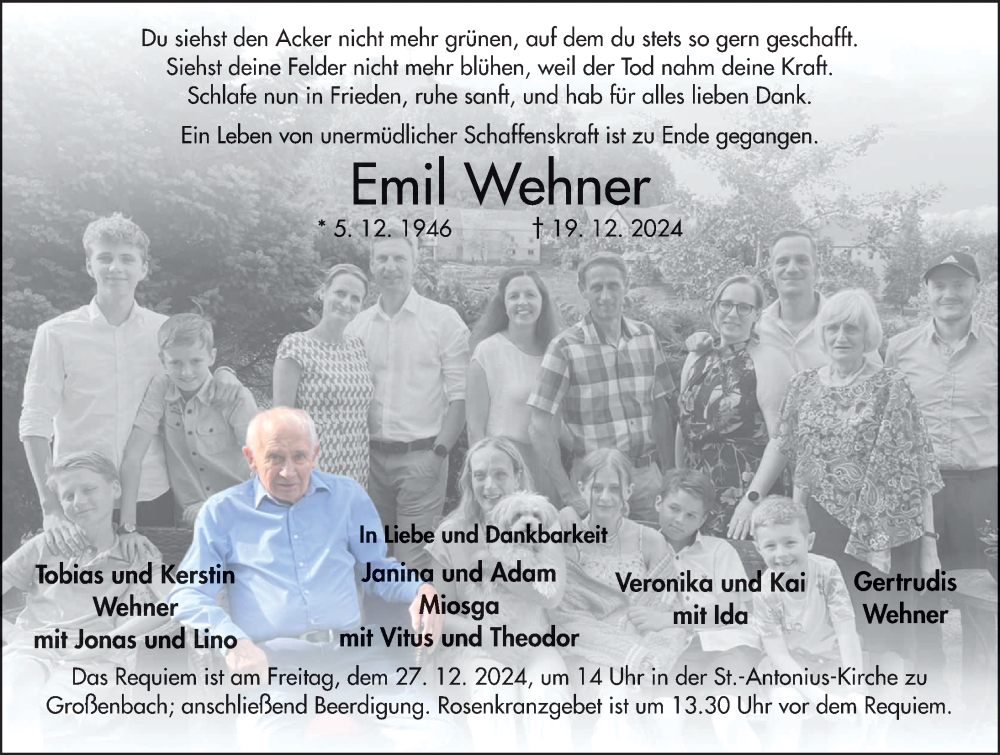  Traueranzeige für Emil Wehner vom 21.12.2024 aus FZ