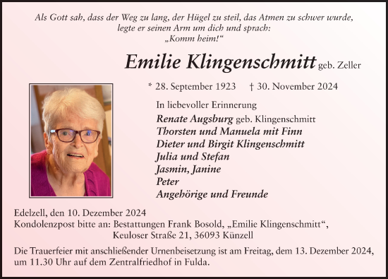 Traueranzeige von Emilie Klingenschmitt von FZ
