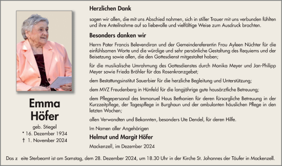 Traueranzeige von Emma Höfer von FZ