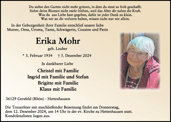 Traueranzeige von Erika Mohr von FZ