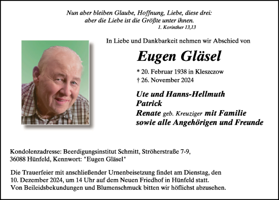 Traueranzeige von Eugen Gläsel von FZ