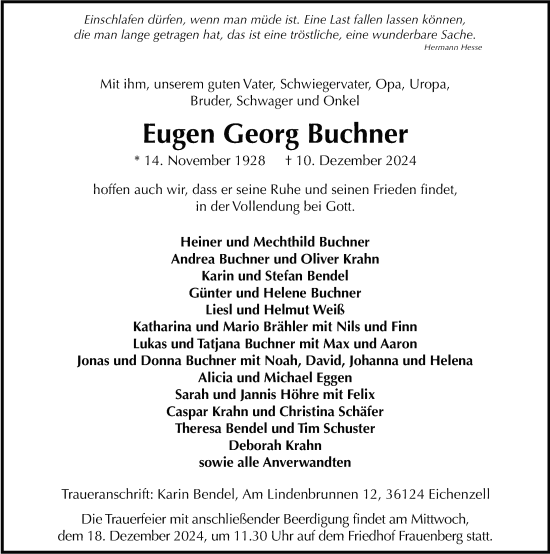 Traueranzeige von Eugen Georg Buchner von FZ