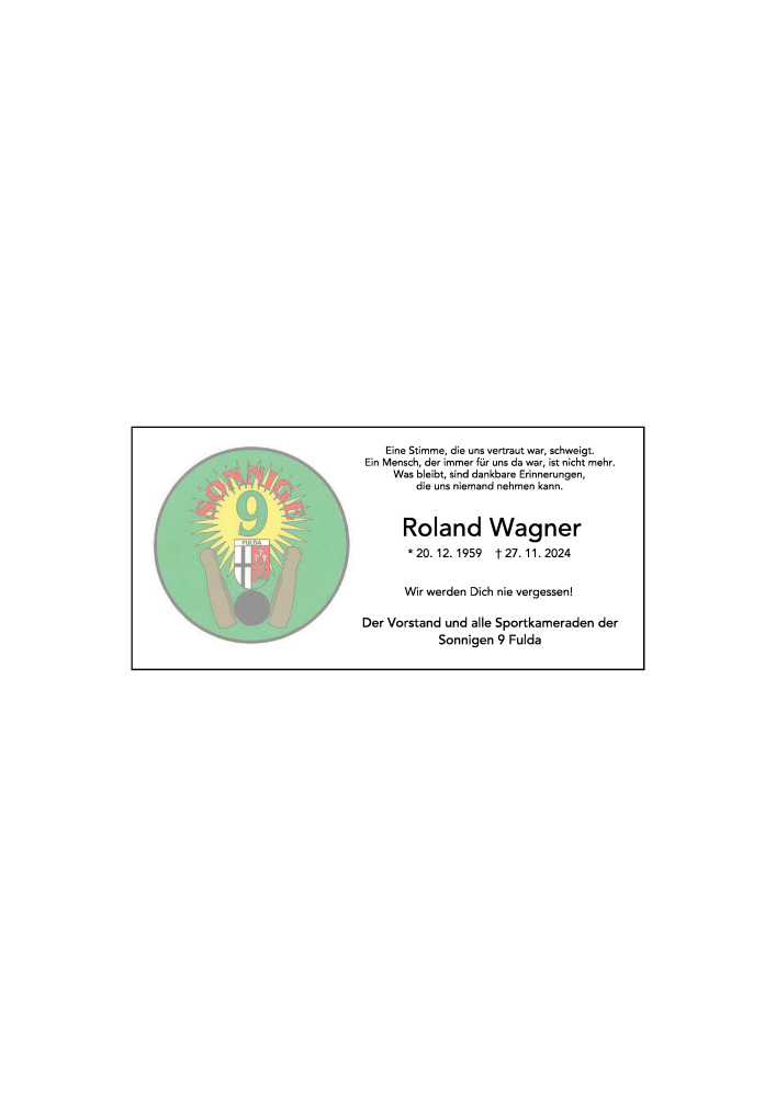  Traueranzeige für Roland Wagner vom 03.12.2024 aus FZ