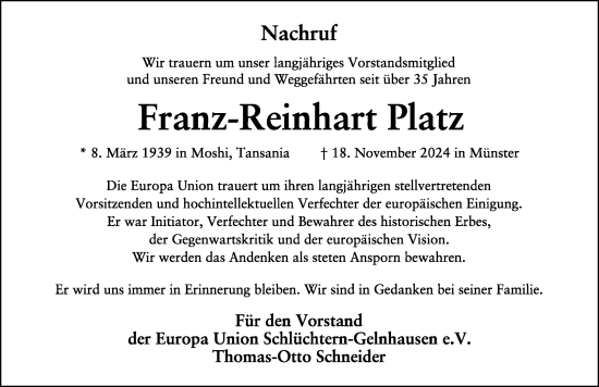 Traueranzeige von Franz-Reinhart Platz von FZ