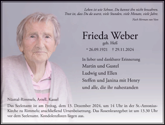 Traueranzeige von Frieda Weber von FZ