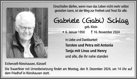 Traueranzeige von Gabriele Schlag von 1