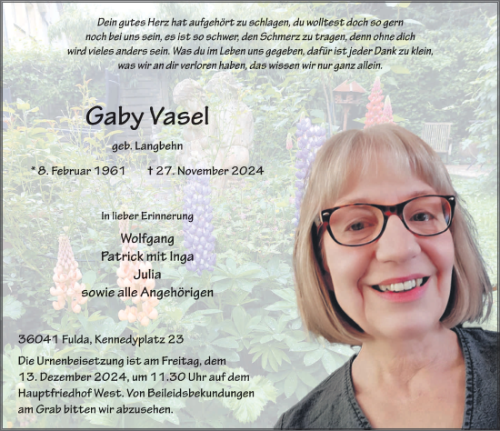 Traueranzeige von Gaby Vasel von FZ