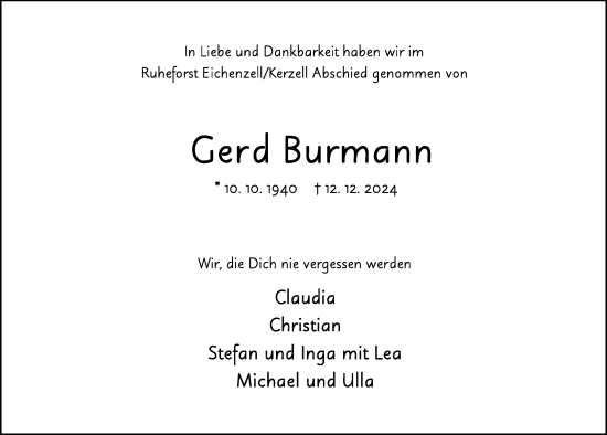 Traueranzeige von Gerd Burmann von FZ