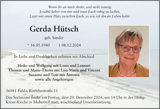 Traueranzeige von Gerda Hütsch von FZ