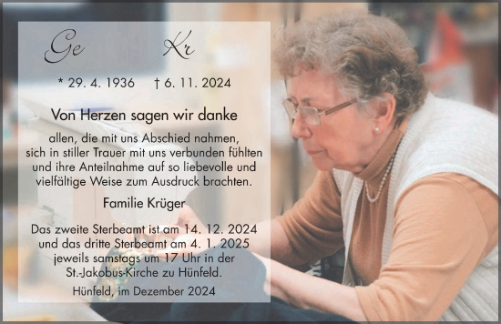 Traueranzeige von Gerlinde Krüger von FZ
