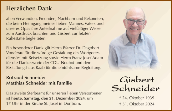Traueranzeige von Gisbert Schneider von FZ