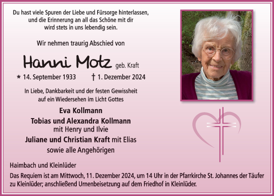 Traueranzeige von Hanni Motz von FZ