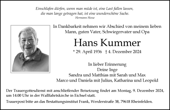 Traueranzeige von Hans Kummer von FZ