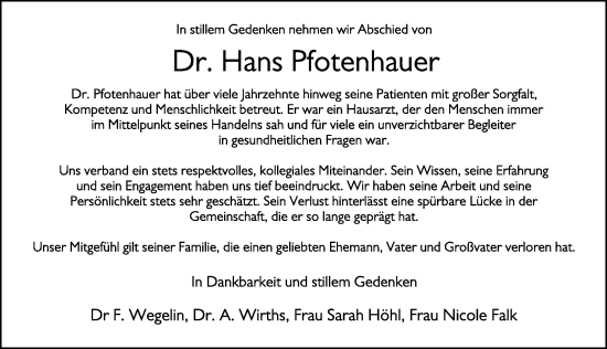 Traueranzeige von Hans Pfotenhauer von 1