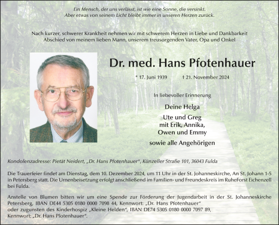 Traueranzeige von Hans Pfotenhauer von 1