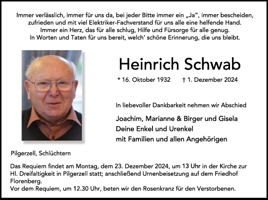 Traueranzeige von Heinrich Schwab von FZ