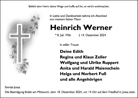 Traueranzeige von Heinrich Werner von FZ