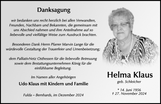 Traueranzeige von Helma Klaus von FZ