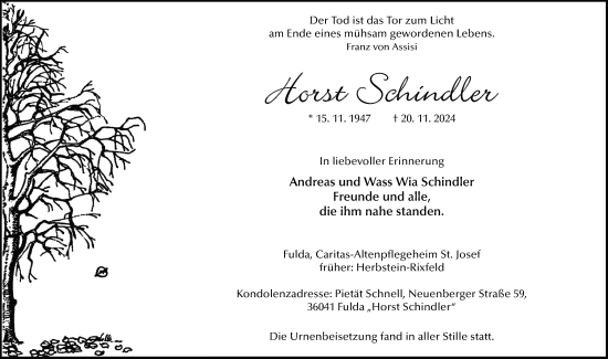 Traueranzeige von Horst Schindler von FZ