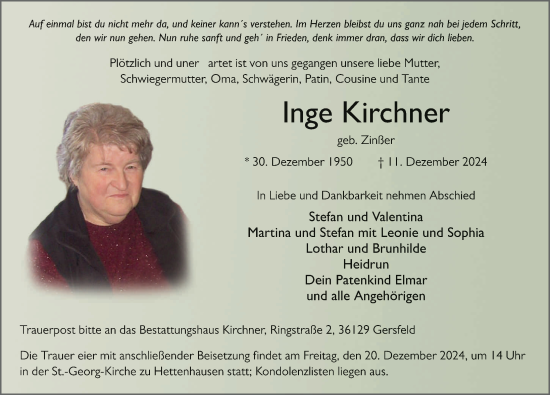 Traueranzeige von Inge Kirchner von FZ