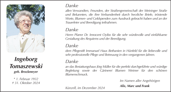 Traueranzeige von Ingeborg Tomaszewski von FZ