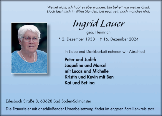 Traueranzeige von Ingrid Lauer von FZ