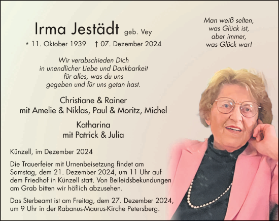 Traueranzeige von Irma Jestädt von FZ