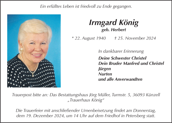 Traueranzeige von Irmgard König von FZ