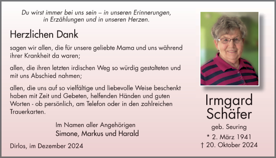 Traueranzeige von Irmgard Schäfer von FZ