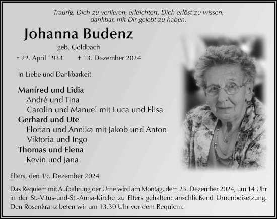 Traueranzeige von Johanna Budenz von FZ