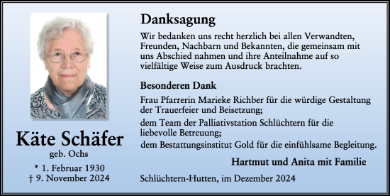 Traueranzeige von Käte Schäfer von FZ