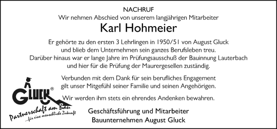 Traueranzeige von Karl Hohmeier von FZ