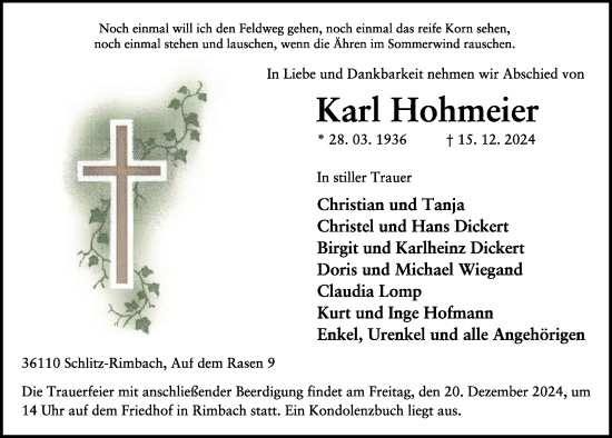 Traueranzeige von Karl Hohmeier von FZ