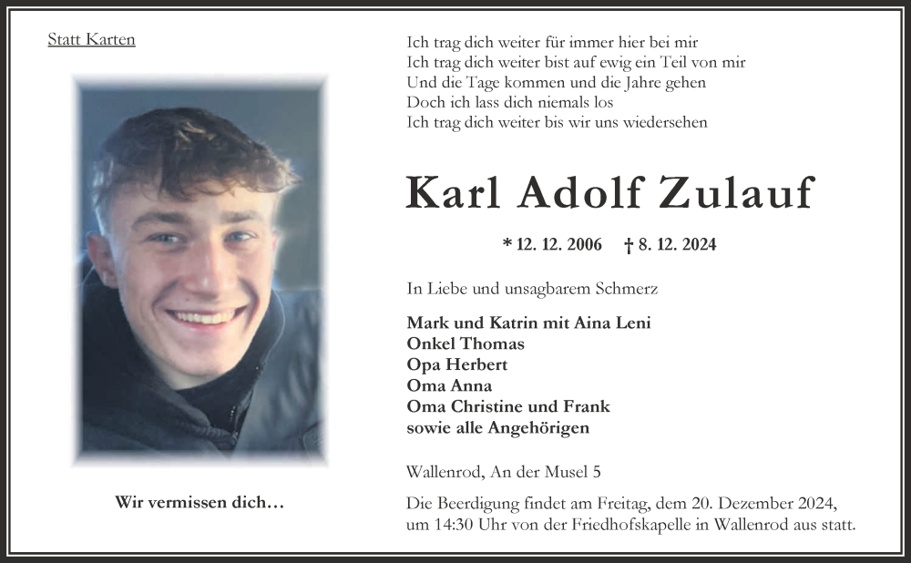  Traueranzeige für Karl Adolf Zulauf vom 17.12.2024 aus FZ