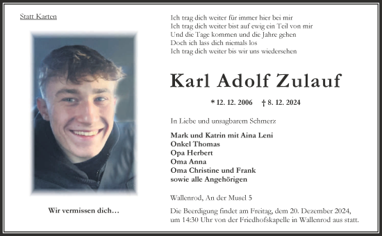 Traueranzeige von Karl Adolf Zulauf von FZ