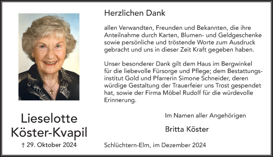 Traueranzeige von Lieselotte Köster-Kvapil von FZ
