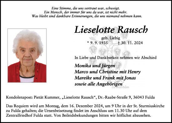 Traueranzeige von Lieselotte Rausch von FZ